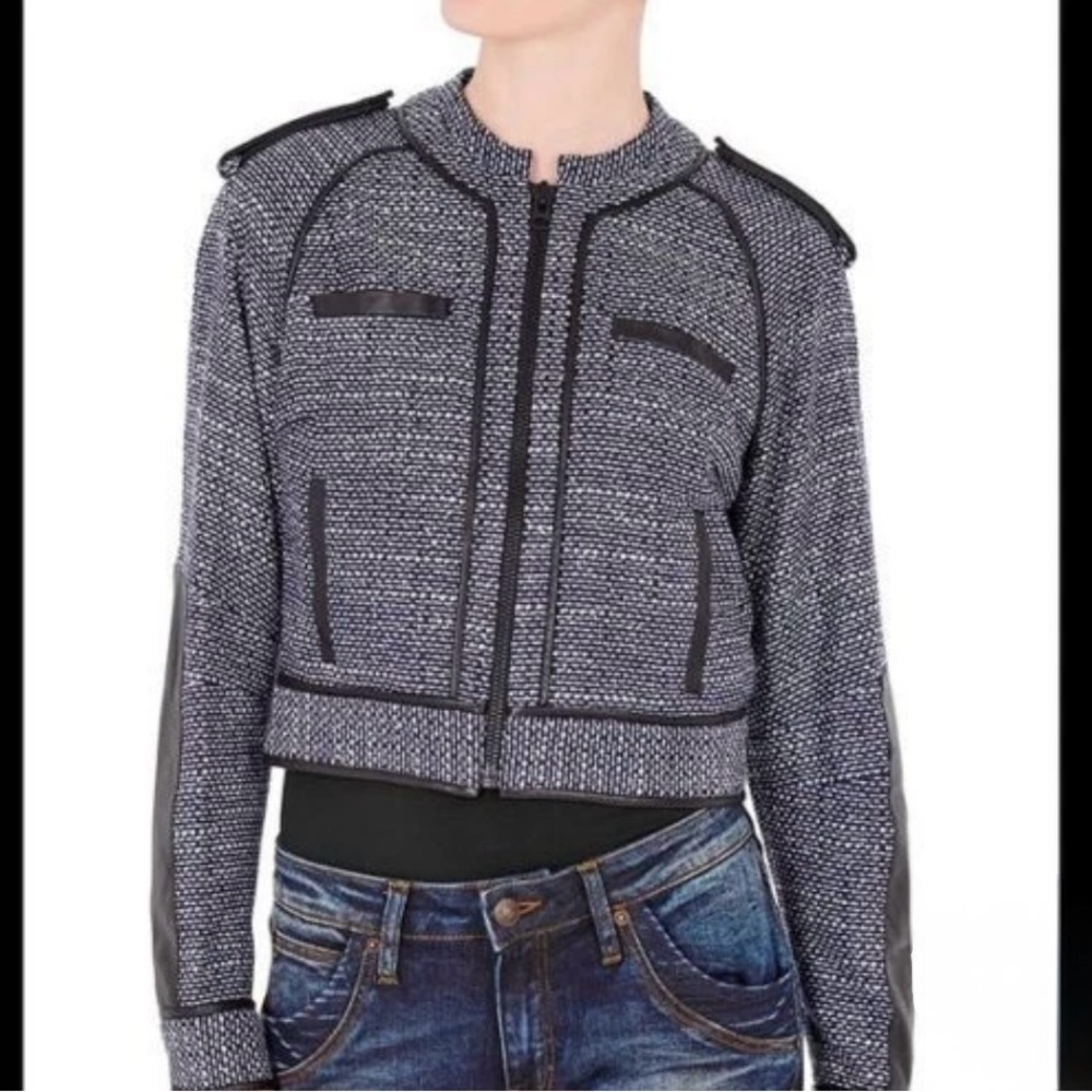 Sass & Bide Oh Yes Boucle Navy White Tweed Moto Jacket Black Leather Trim Size 4